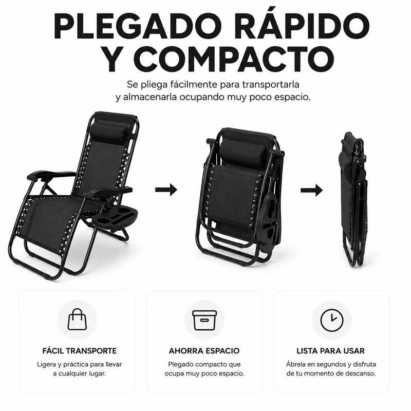 Pack 2 Tumbonas Plegables Playa Negra Con Portavasos