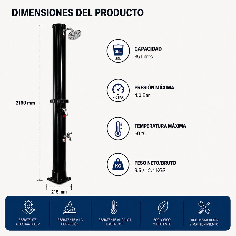 Ducha Solar Exterior 35L Jardín y Piscina con Mezclador y Grifo Lavapiés
