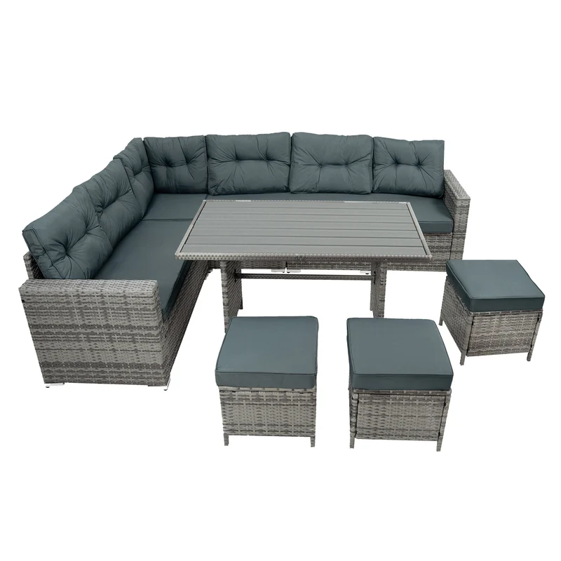 Salon de Jardin en Rotin & Table en Bois Composite - Gris