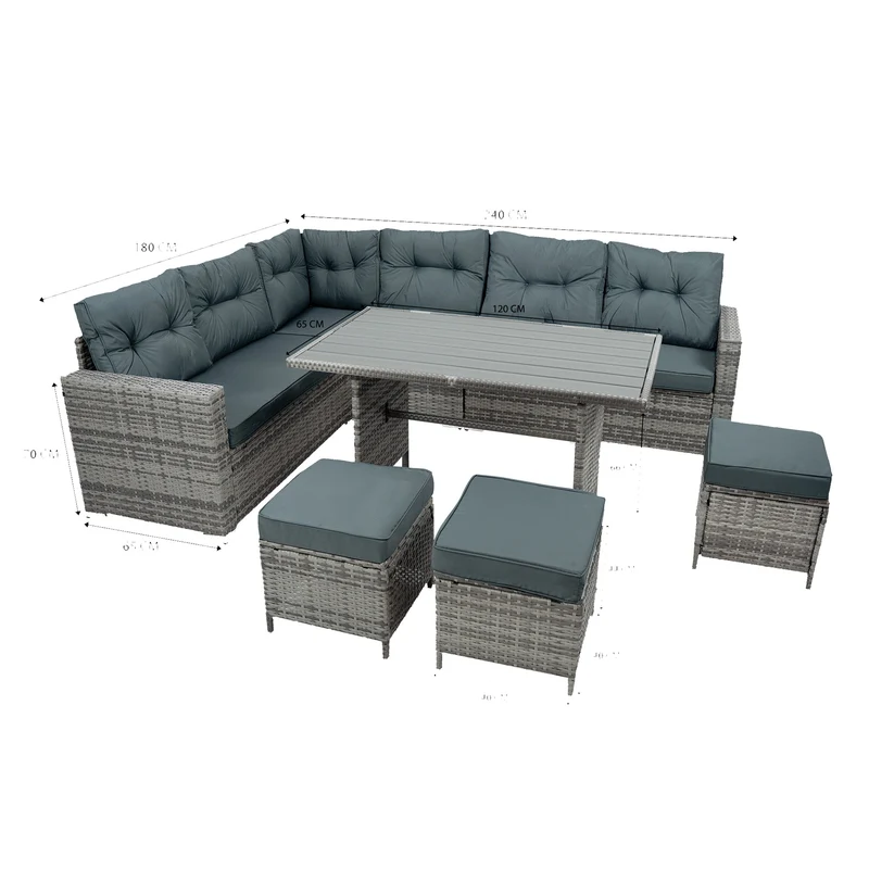 Salon de Jardin en Rotin & Table en Bois Composite - Gris