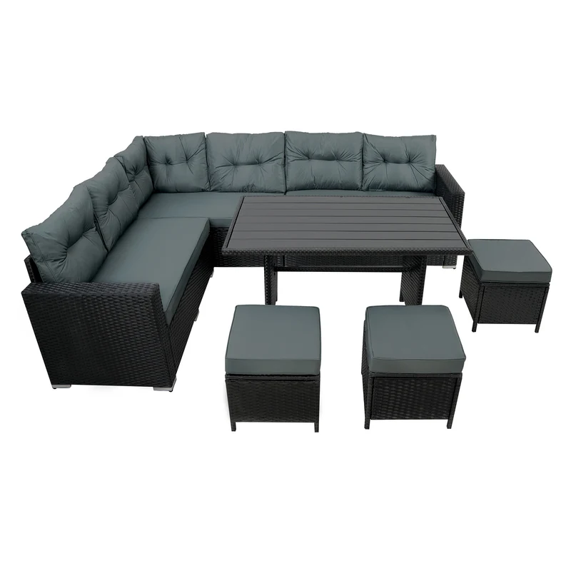 Salon de Jardin en Rotin & Table en Bois Composite - Noir