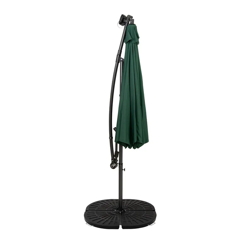 Parasol Banane à Mât Déporté à LED 3 m & 4 Pieds en Éventail - Vert