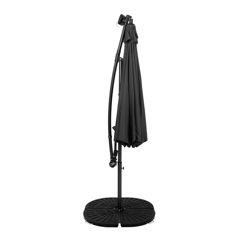 Parasol Banane à Mât Déporté à LED 3 m & 4 Pieds en Éventail - Gris
