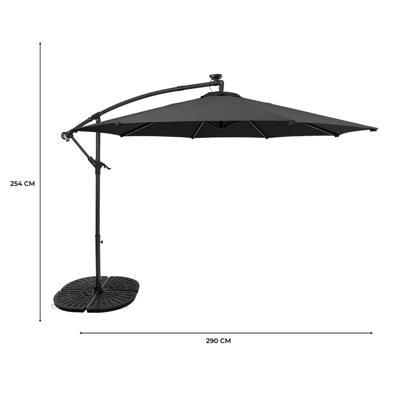 Parasol Banane à Mât Déporté à LED 3 m & 4 Pieds en Éventail - Gris
