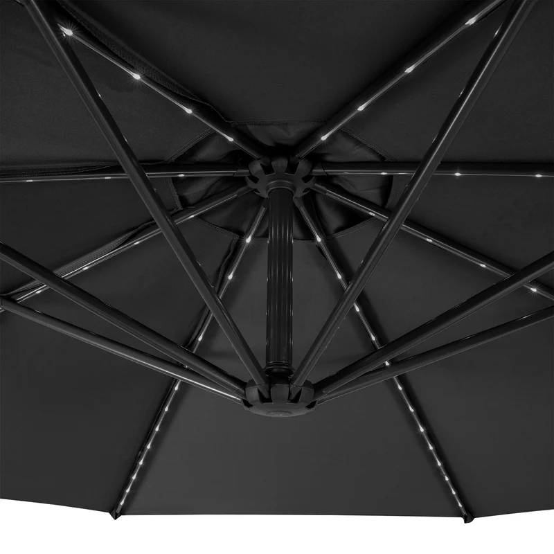 Parasol Banane à Mât Déporté à LED 3 m & 4 Pieds en Éventail - Gris