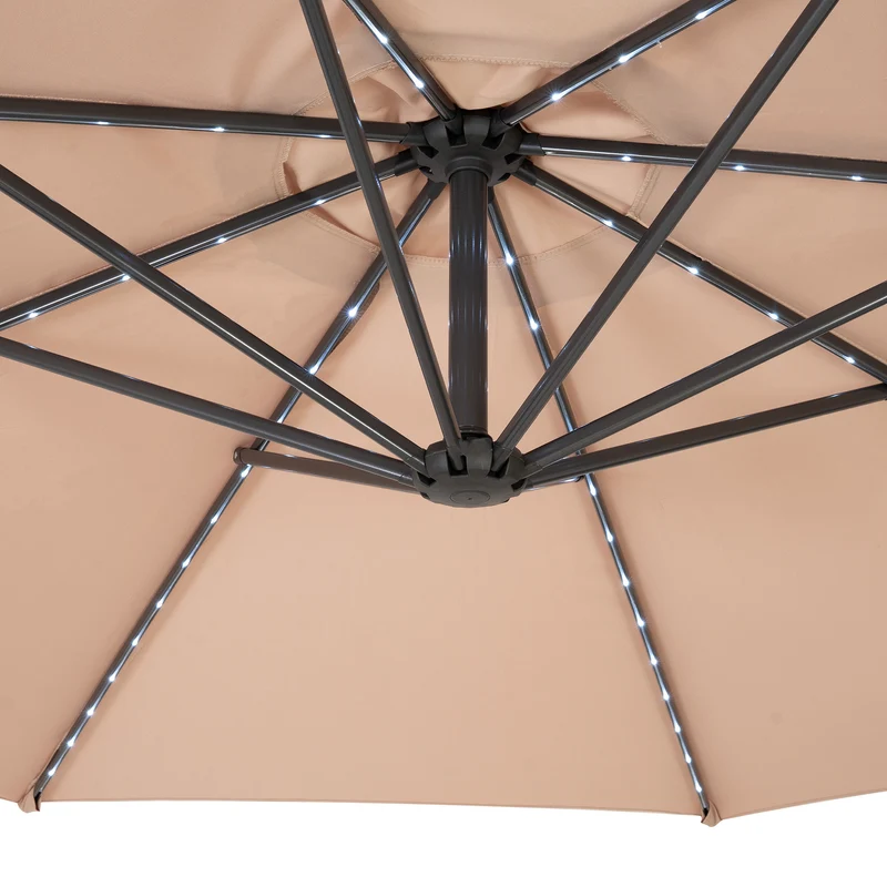 Parasol Banane à Mât Déporté à LED 3 m & 4 Pieds en Éventail - Beige