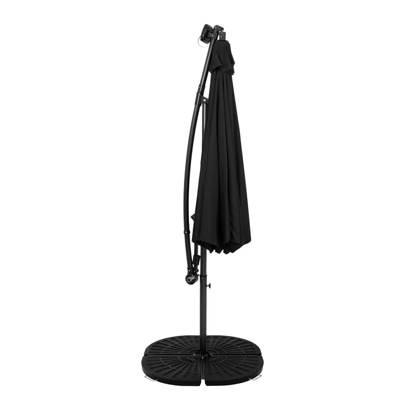 Parasol Banane à Mât Déporté à LED 3 m & 4 Pieds en Éventail - Noir