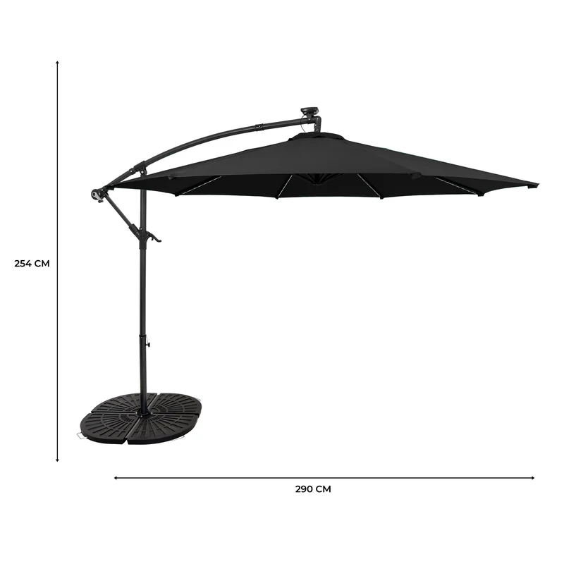 Parasol Banane à Mât Déporté à LED 3 m & 4 Pieds en Éventail - Noir