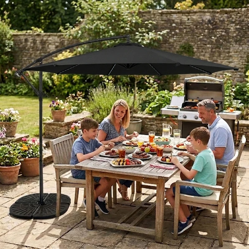 Parasol Banane à Mât Déporté à LED 3 m & 4 Pieds en Éventail - Noir