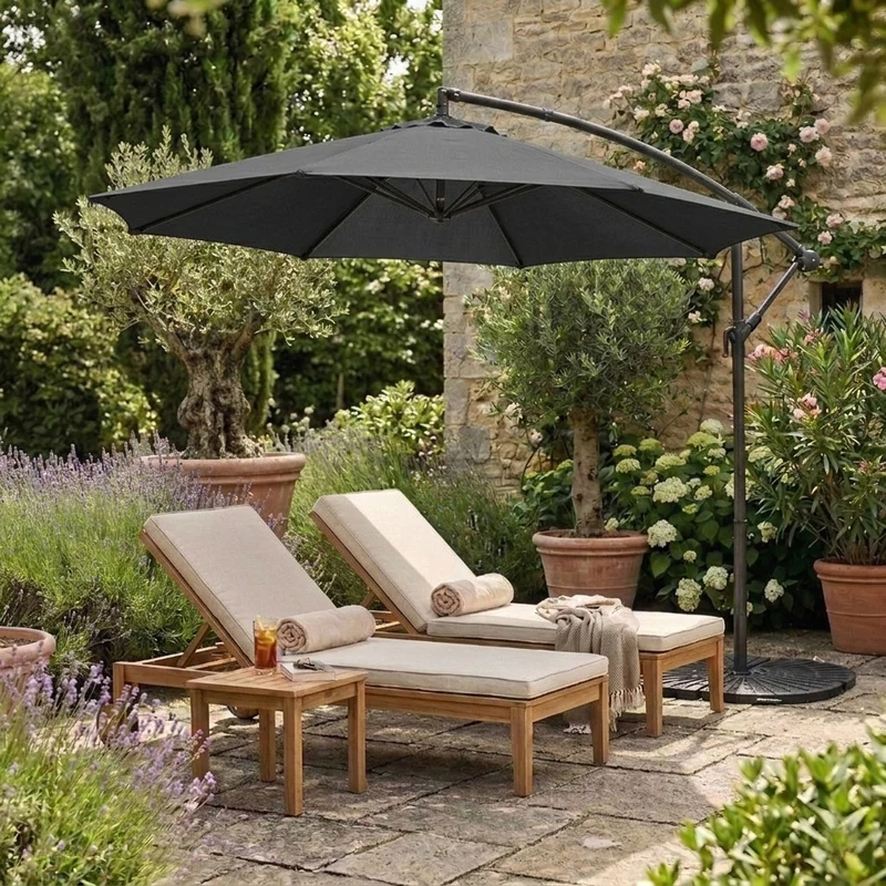 Parasol Banane à Mât Déporté 3 m & 4 Pieds en Éventail - Gris