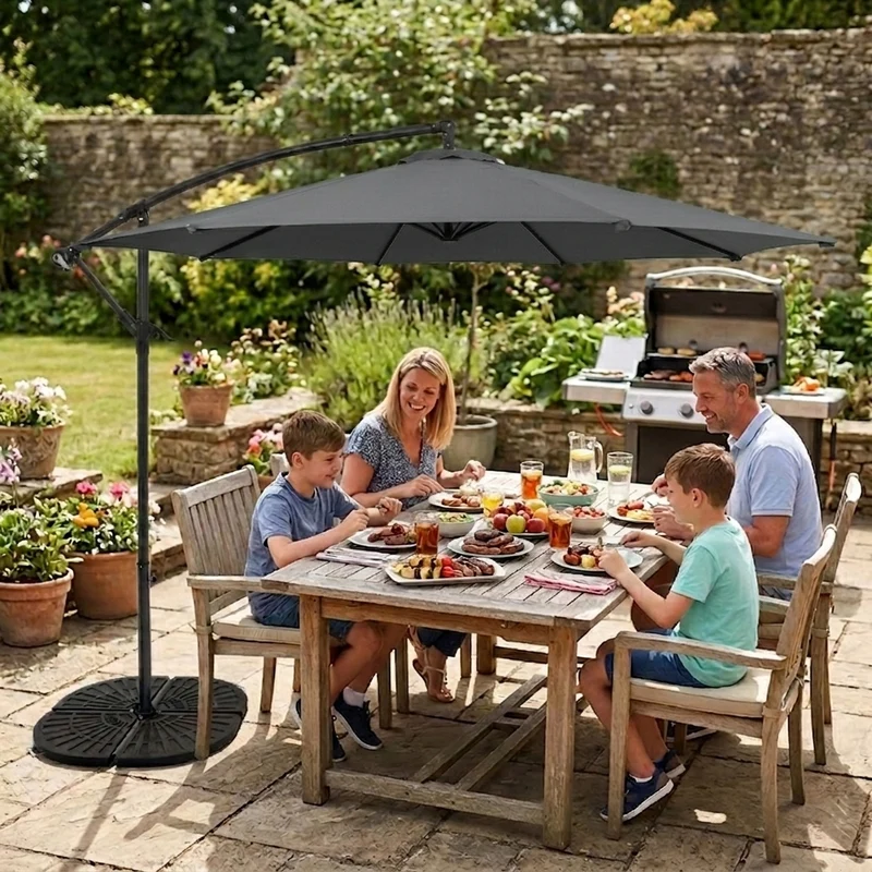 Parasol Banane à Mât Déporté 3 m & 4 Pieds en Éventail - Gris