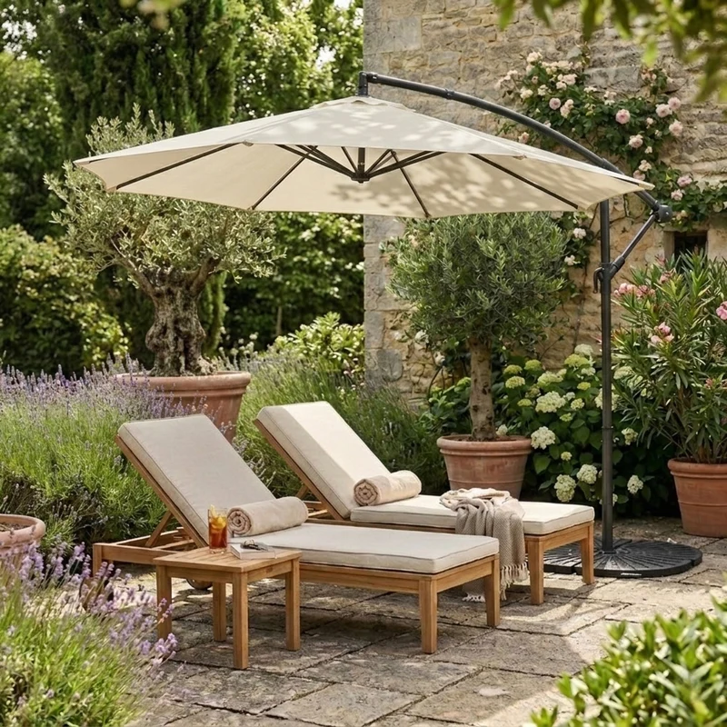 Parasol Banane à Mât Déporté 3 m & 4 Pieds en Éventail - Crème