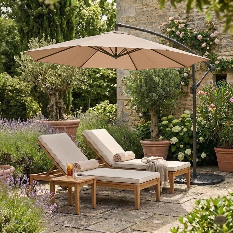 Parasol Banane à Mât Déporté 3 m & 4 Pieds en Éventail - Beige