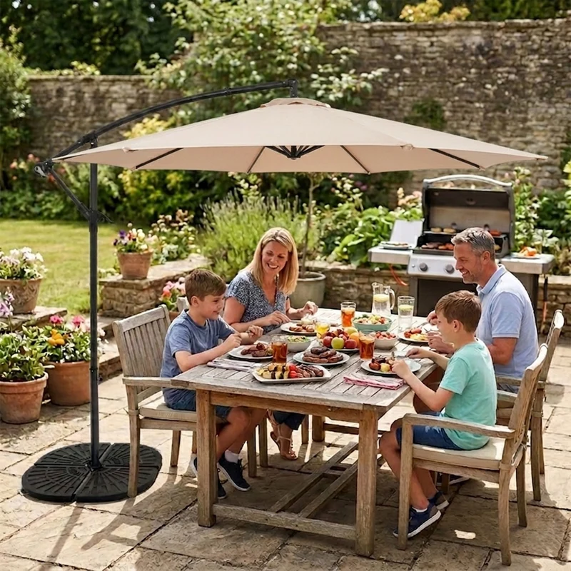 Parasol Banane à Mât Déporté 3 m & 4 Pieds en Éventail - Beige