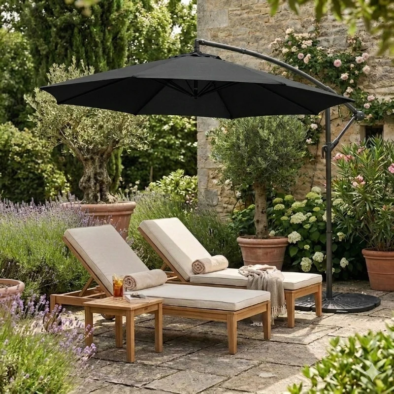 Parasol Banane à Mât Déporté 3 m & 4 Pieds en Éventail - Noir