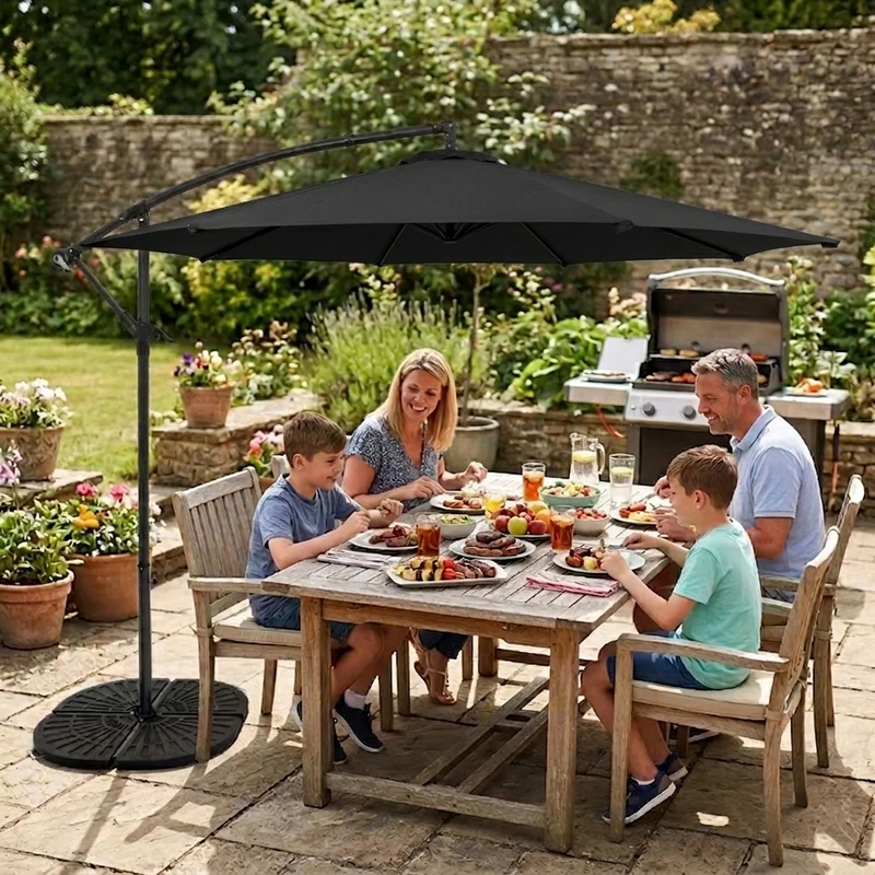 Parasol Banane à Mât Déporté 3 m & 4 Pieds en Éventail - Noir