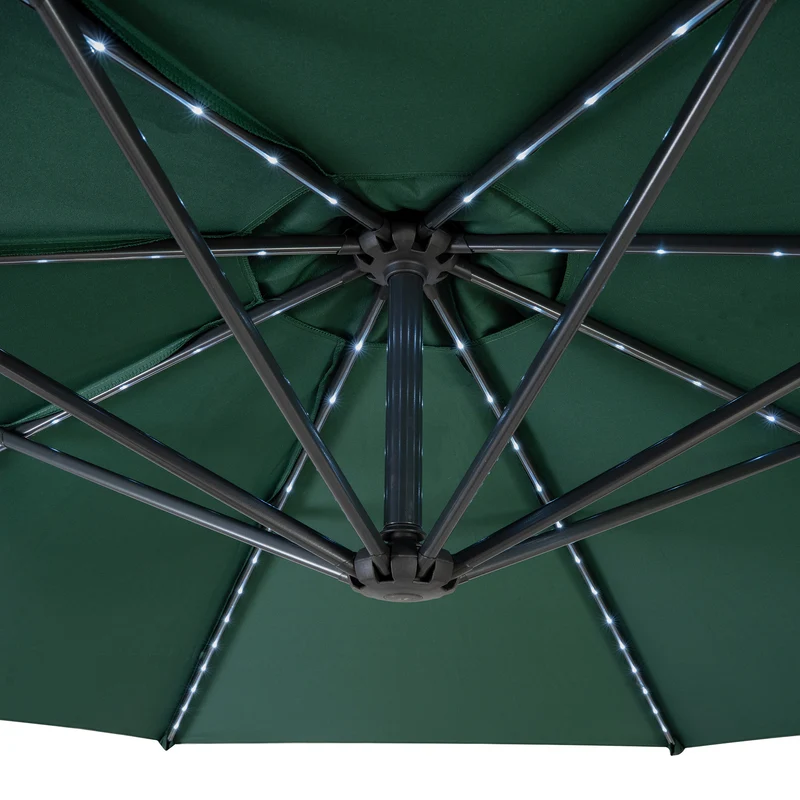 Parasol Banane à Mât Déporté à LED 3 m & 2 Pieds en Éventail - Vert