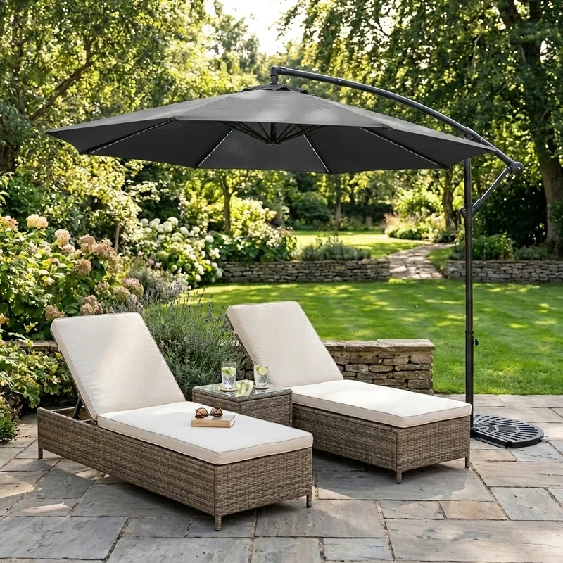 Parasol Banane à Mât Déporté à LED 3 m & 2 Pieds en Éventail - Gris