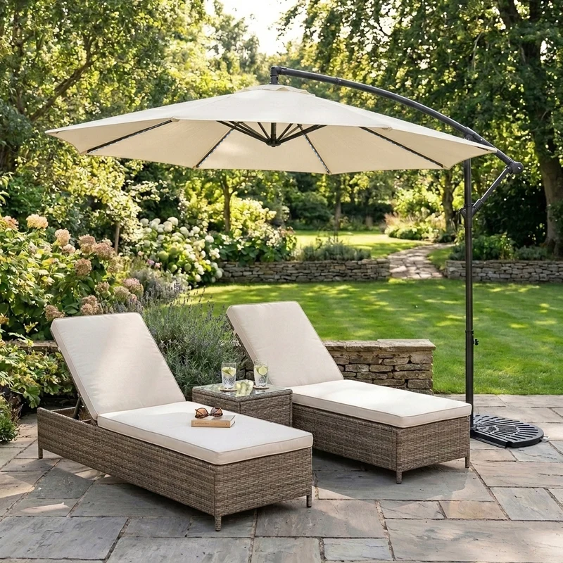 Parasol Banane à Mât Déporté à LED 3 m & 2 Pieds en Éventail - Crème