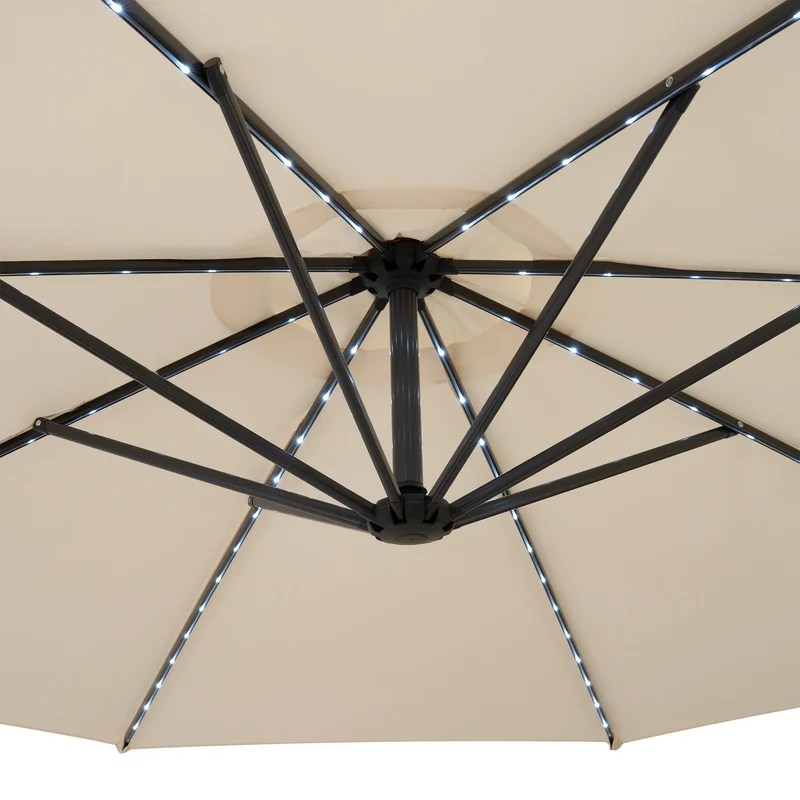Parasol Banane à Mât Déporté à LED 3 m & 2 Pieds en Éventail - Crème