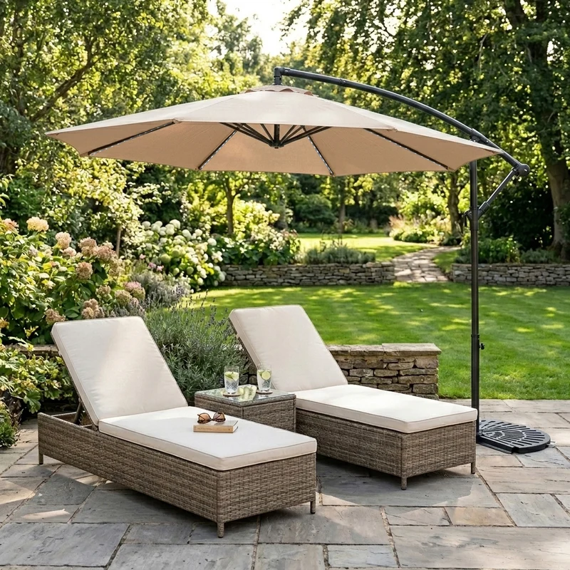Parasol Banane à Mât Déporté à LED 3 m & 2 Pieds en Éventail - Beige