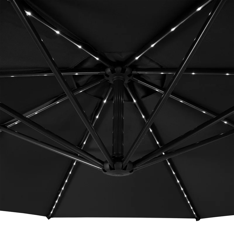 Parasol Banane à Mât Déporté à LED 3 m & 2 Pieds en Éventail - Noir
