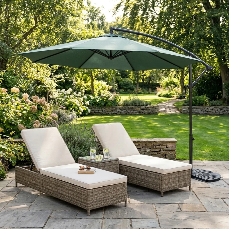 Parasol Banane à Mât Déporté 3 m & 2 Pieds en Éventail - Vert