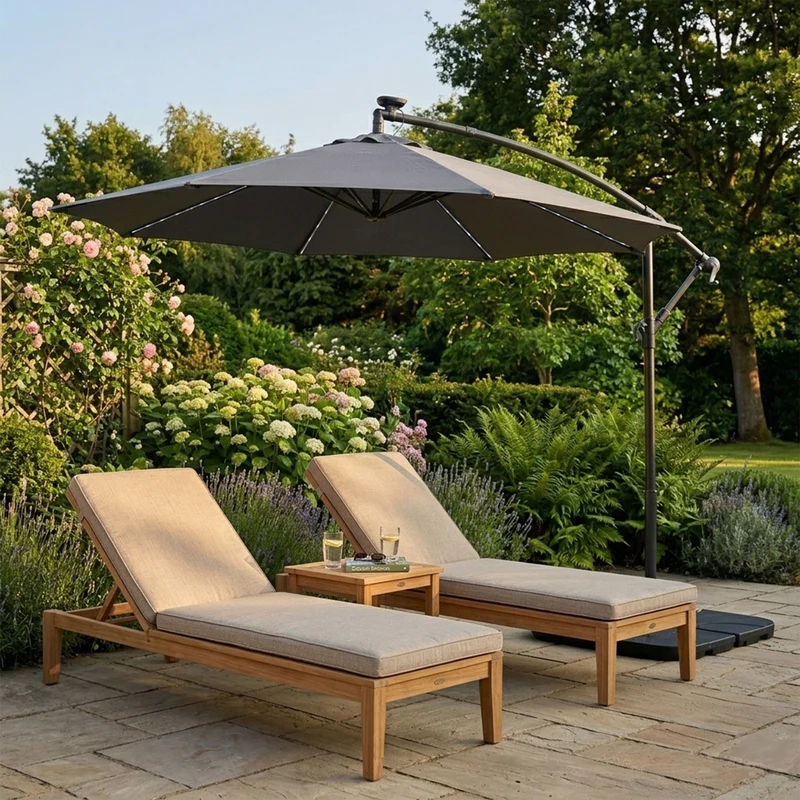 Parasol Banane à Mât Déporté à LED 3 m & Pied Carré - Gris