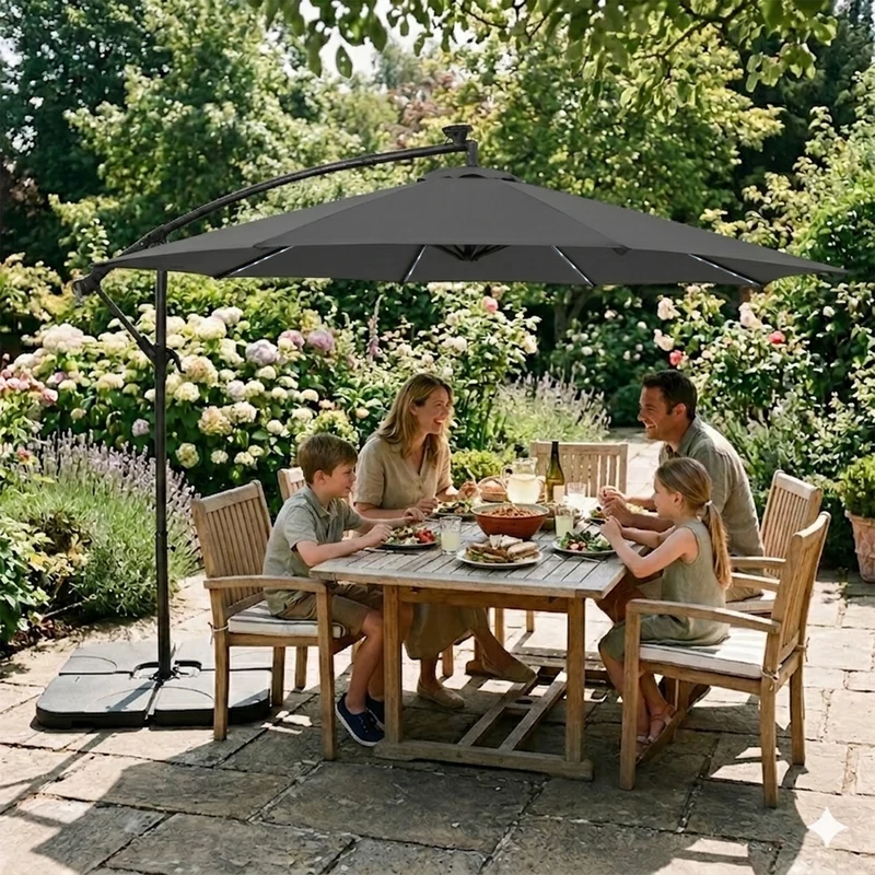 Parasol Banane à Mât Déporté à LED 3 m & Pied Carré - Gris