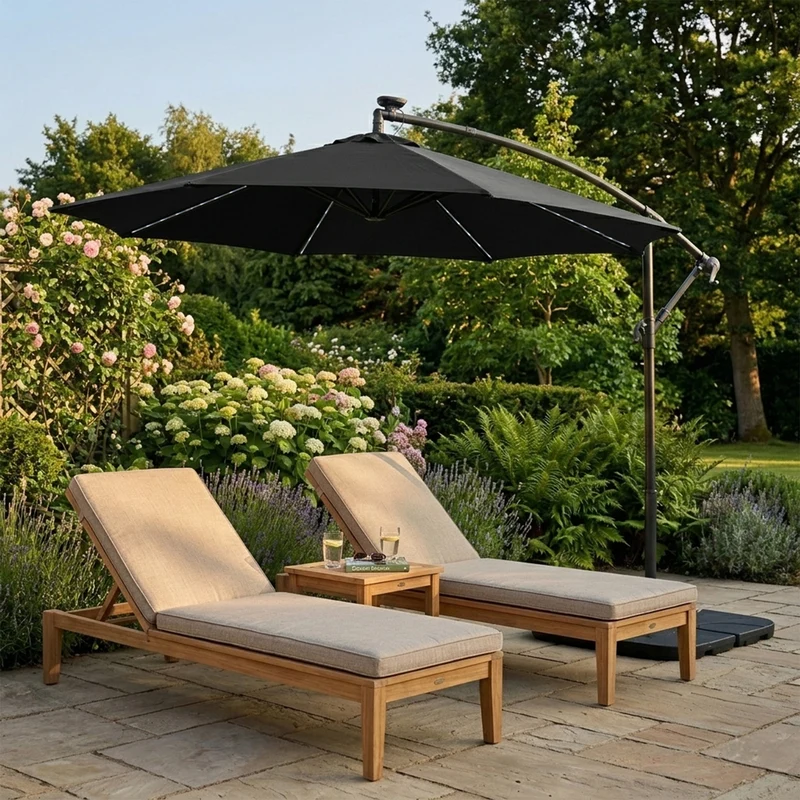Parasol Banane à Mât Déporté à LED 3 m & Pied Carré - Noir