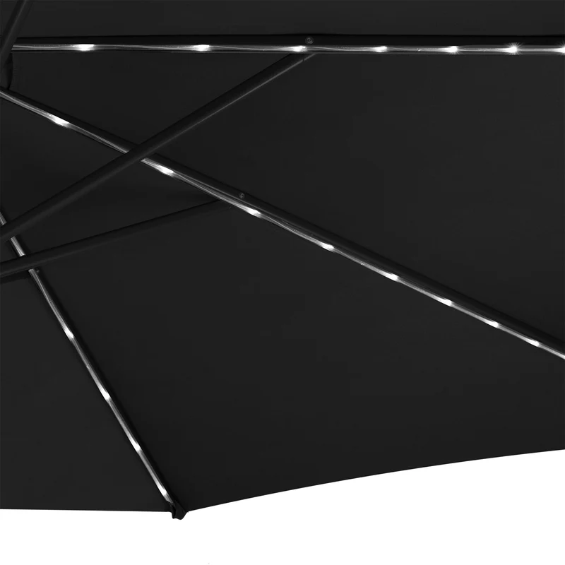 Parasol Banane à Mât Déporté à LED 3 m & Pied Carré - Noir