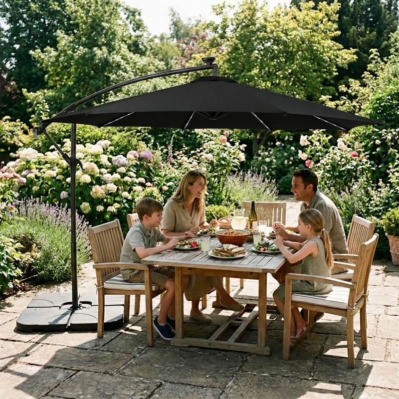 Parasol Banane à Mât Déporté à LED 3 m & Pied Carré - Noir