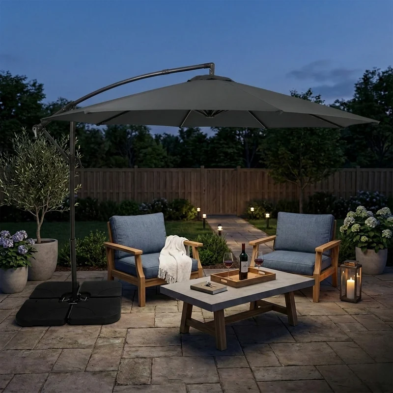Parasol Banane à Mât Déporté 3 m & Pied Carré - Gris