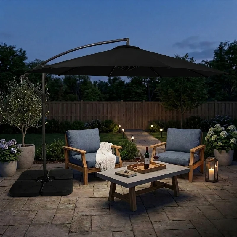 Parasol Banane à Mât Déporté 3 m & Pied Carré - Noir