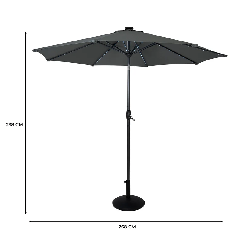 Parasol Inclinable à LED 2,7 m & Socle en Béton - Gris