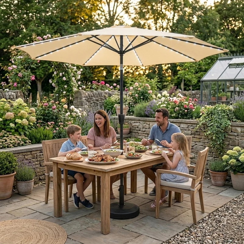 Parasol Inclinable à LED 2,7 m & Socle en Béton - Crème