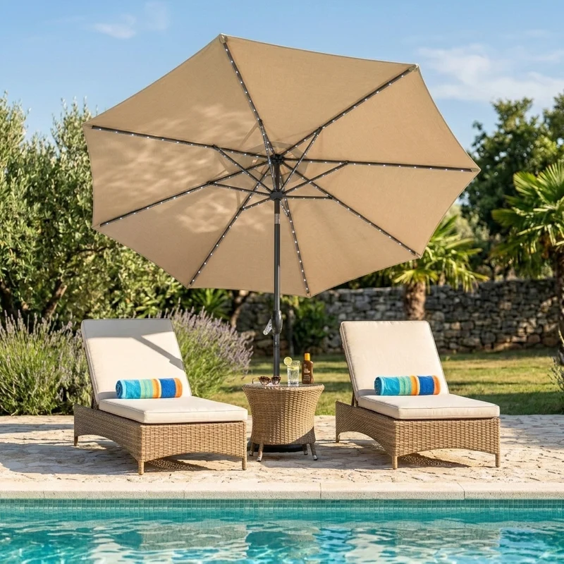 Parasol Inclinable à LED 2,7 m & Socle en Béton - Beige