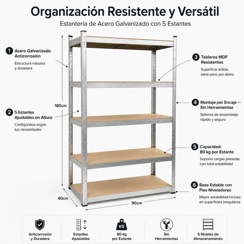 Pack 2 Estanterías Metálicas Galvanizadas 180x90x40 cm 5 Baldas Reforzadas