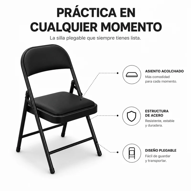 Pack 2 Sillas Plegable Acolchada De Acero Negro