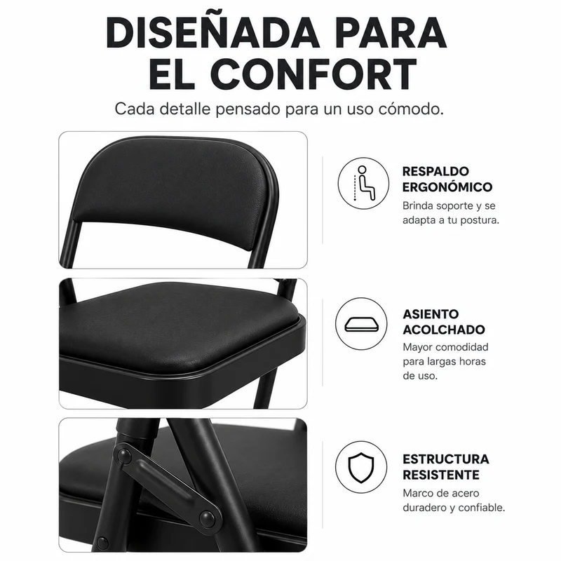 Pack 2 Sillas Plegable Acolchada De Acero Negro