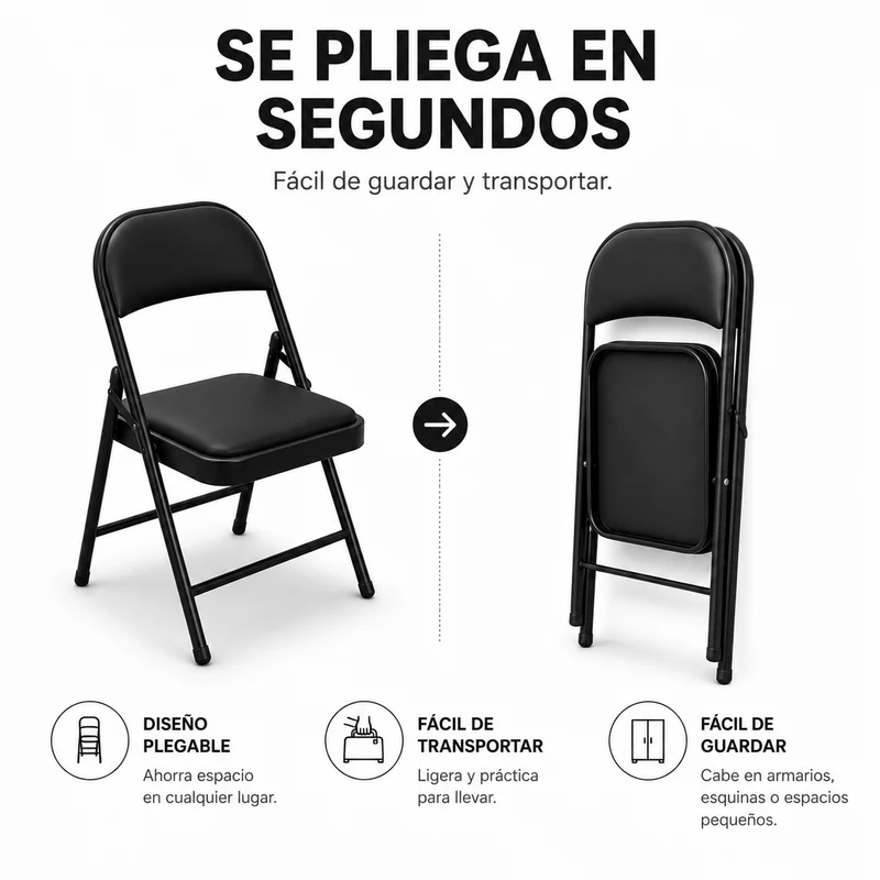 Pack 2 Sillas Plegable Acolchada De Acero Negro