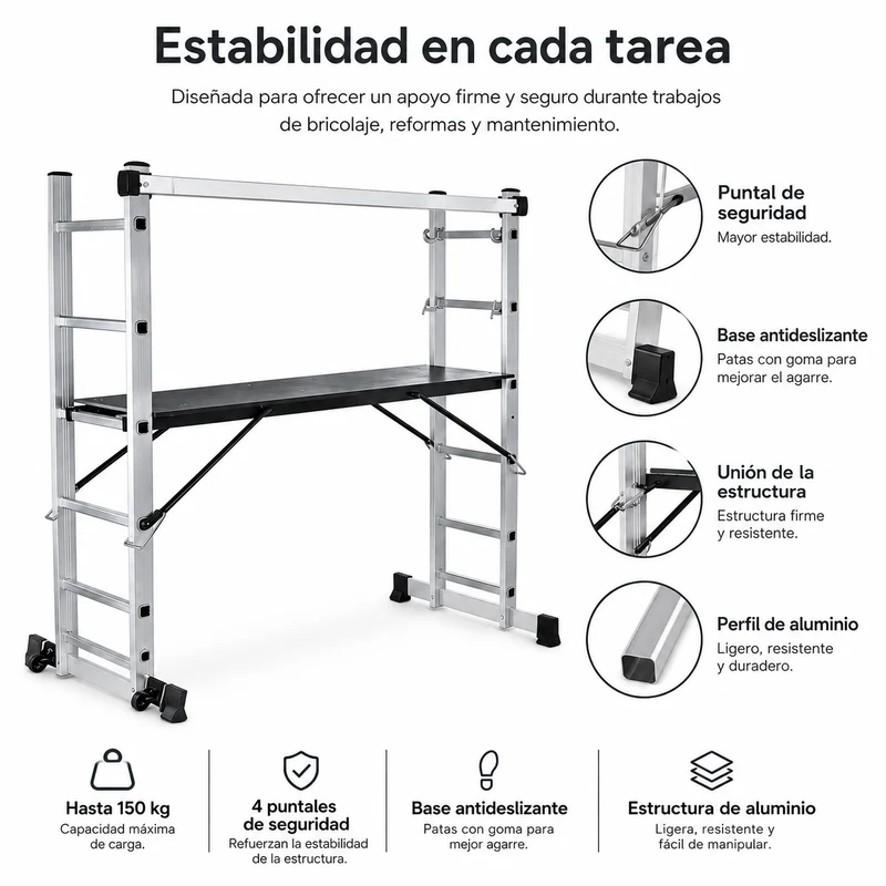 Escalera Multifunción 4 En 1 Con Plataforma Antideslizante