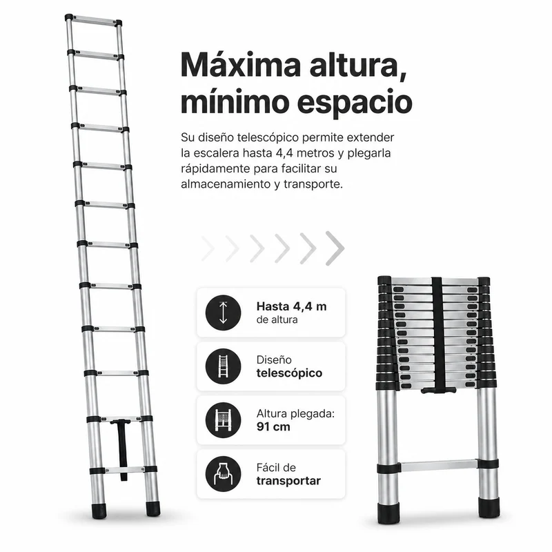 Escalera Telescópica Plegable De Aluminio 4,4 M Antideslizante