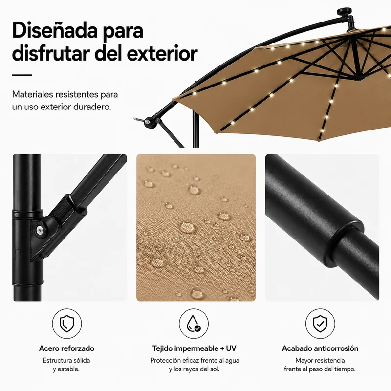 Sombrilla Lateral 3 metros De Jardín Kaki Con LED E Inclinación 360°