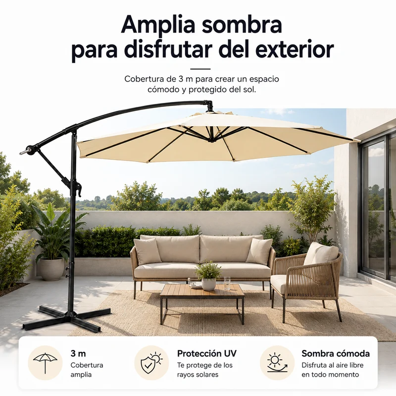 Sombrilla Lateral 3 metros Inclinable 360° Con Mástil Y Manivela Beige Sin Base
