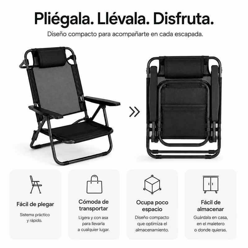 Pack 2 Sillas Plegables Bajas Para Playa Y Camping Con Reposacabezas Acolchado