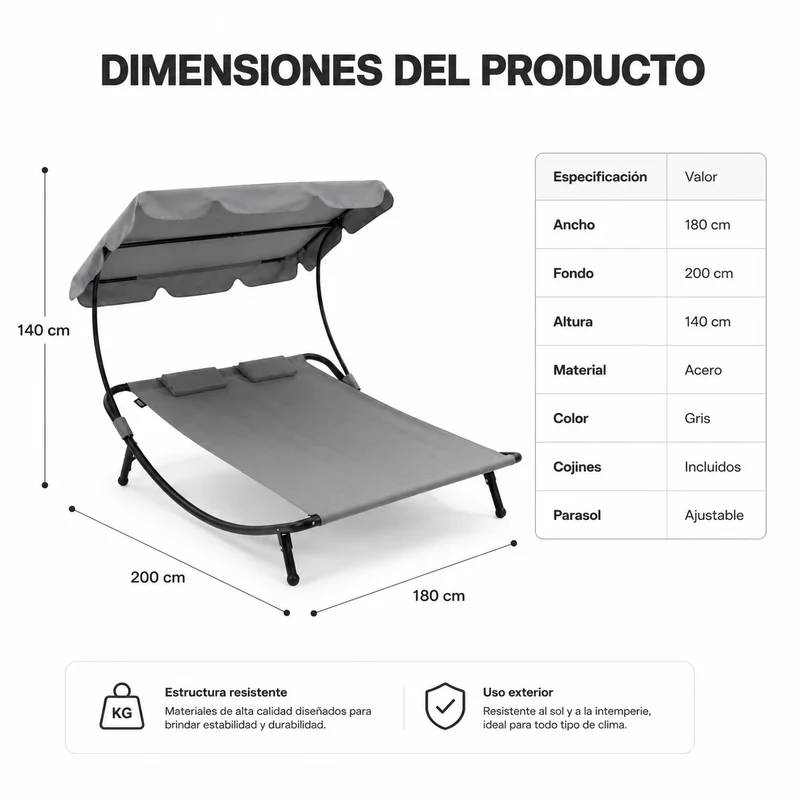 Tumbona Doble de Jardín Balancín con Parasol Ajustable