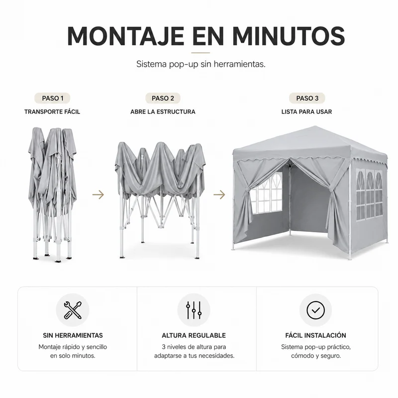 Carpa Plegable 3x3 M Con 4 Paredes Laterales Y Estructura Reforzada