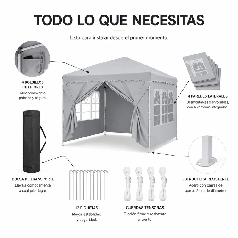 Carpa Plegable 3x3 M Con 4 Paredes Laterales Y Estructura Reforzada