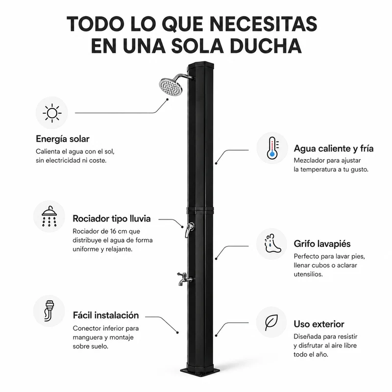 Ducha solar exterior 35L jardín y piscina con grifo lavapiés y rociador negro/plata